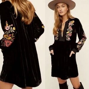 Free People Black Velvet Floral Embroidered Dress XS